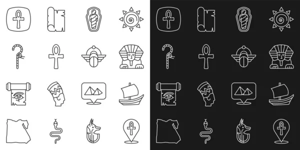 Set line Cross ankh, Egyptian ship, Sphinx, mummy sarcophagus, Crook, and Scarab icon. Vector — Stock Vector
