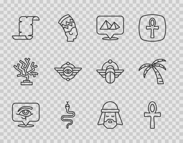 Set line Eye of Horus, Cross ankh, Egypt pyramids, Snake, Papyrus scroll, Egyptian symbol Winged sun, man and Tropical palm tree icon. Vector — Stockvektor