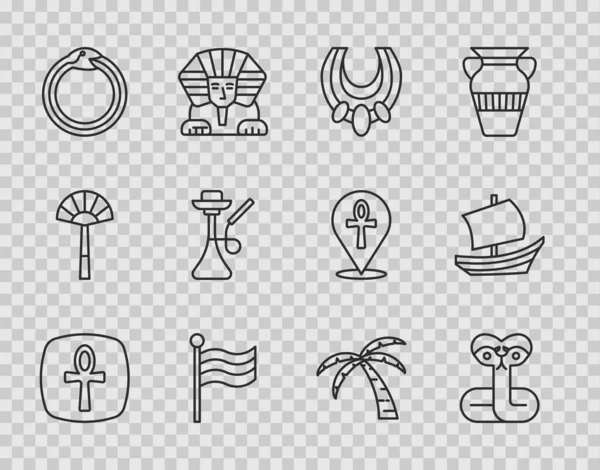 Set line Cruz ankh, Serpiente, Collar egipcio, Bandera De, Magia símbolo de Ouroboros, Hookah, Palmera tropical y barco icono. Vector — Vector de stock