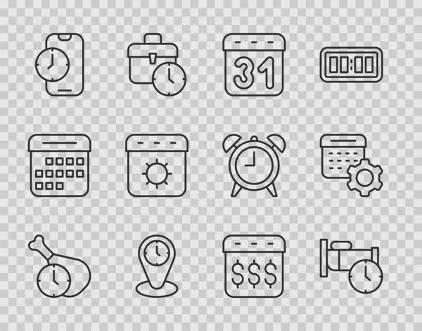 Set line Food time, Time to sleep, Calendar, zone clocks, Alarm app mobile, summer, Payday, calendar with dollar and settings icon. Vector — Stok Vektör