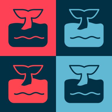 Okyanus dalgası ikonundaki Pop Art Whale kuyruğu renk arkaplanında izole edilmiş. Vektör.