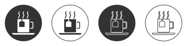 Zwarte Kop Thee Met Theezakje Pictogram Geïsoleerd Witte Achtergrond Cirkelknoop — Stockvector