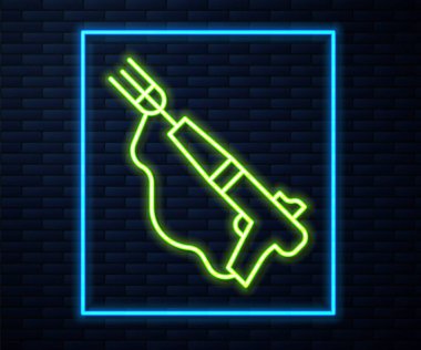 Parlayan neon hattı balıkçı zıpkını ikonu tuğla duvar arka planında izole edildi. Suyun altında balık yakalamak için balıkçılık üreticileri. Su altı ekipmanları. Vektör.