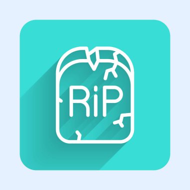 Üzerinde RIP yazılı beyaz çizgi Tombstone uzun gölge ile izole edilmiş ikon. Mezar ikonu. Mutlu Cadılar Bayramı Partisi. Yeşil kare düğmesi. Vektör.