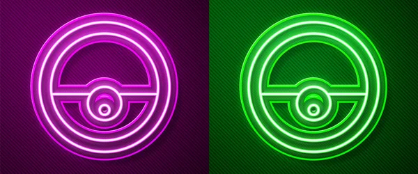 Parlayan neon çizgisi robot elektrik süpürgesi ikonu mor ve yeşil arka planda izole edilmiş. Otomatik süpürme için ev aletleri, ev temizliği için dijital cihazlar. Vektör