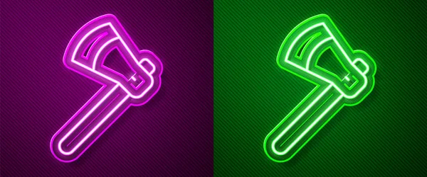 Parlayan neon çizgisi ahşap balta simgesi mor ve yeşil arka planda izole edilmiş. Oduncu baltası. Vektör