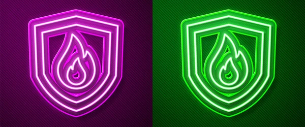 Parlayan Neon Hattı Koruma Kalkanı Simgesi Mor Yeşil Arkaplanda Izole — Stok Vektör