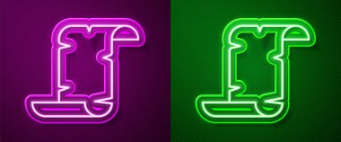 Parlayan neon çizgisi Antik papirüs parşömeni simgesi mor ve yeşil arkaplanda izole edilmiş. Parşömen kağıdı. Eski Mısır sembolü. Vektör