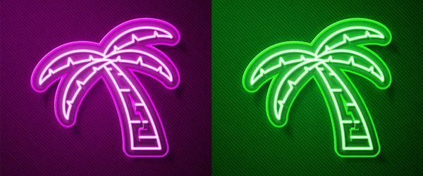Parlayan neon çizgisi Tropikal palmiye ağacı simgesi mor ve yeşil arkaplanda izole edilmiş. Hindistan cevizi palmiyesi. Vektör