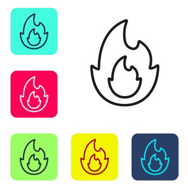 Black line Fire flame icon isolated on white background. Set icons in color square buttons. Vector
