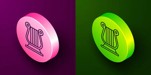 Isometric Line Ancient Greek Lyre Icon Isolated Purple Green Background — Stock Vector