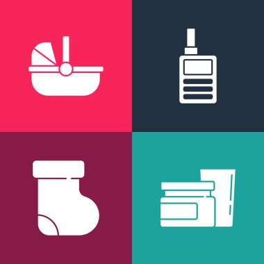 Pop sanatı bebek maması, çorap giysisi, telsiz ve bebek arabası ikonunu ayarla. Vektör.