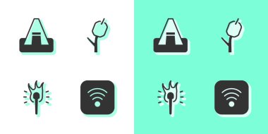 Wi-Fi kablosuz internet, turist çadırı, meşale alevi ve şekerlemeleri çubuk simgesine yerleştir. Vektör