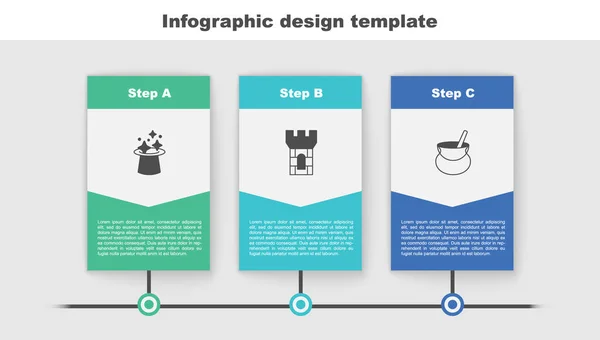 Definir Chapéu Mágico Torre Castelo Caldeirão Bruxa Modelo Infográfico Negócios — Vetor de Stock