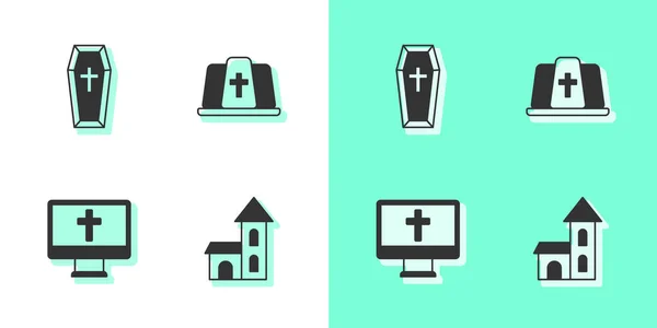 Set Kerkgebouw Coffin Christelijk Kruis Monitor Paus Hoed Pictogram Vector — Stockvector