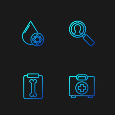 İlk yardım çantası, röntgen, kan testi, virüs ve tıbbi analiz ayarlayın. Renk simgeleri. Vektör