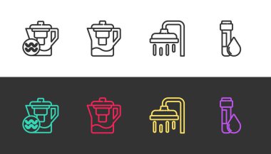 Su testisini filtreyle doldurun, duş başlığı ve test tüpü suyu siyah beyaz üzerine dökülsün. Vektör