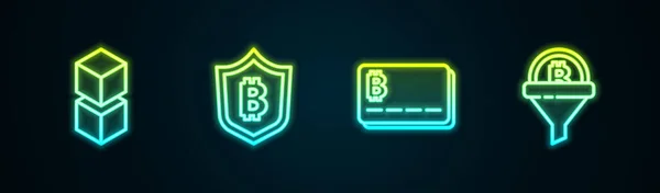 Set Line Blockchain Technology Shield Bitcoin Credit Card Sales Funnel — Stock Vector