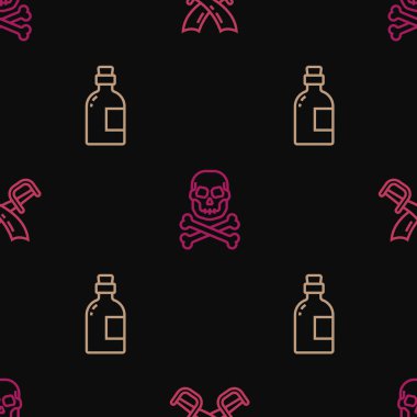 Çizgiyi aşan korsan kılıçları, alkolü içen Rum ve Kafatası 'nı kusursuz şablonda çapraz kemikler üzerine yerleştirin. Vektör