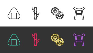 Suşi, Bambu, Çin Yuan para birimi ve Japon Kapısı 'nı siyah beyaz olarak ayarla. Vektör