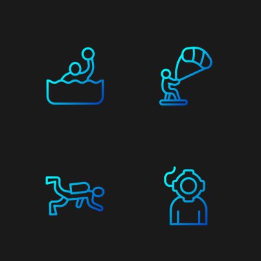 Aqualung, Scuba diver, Water Polo ve Kitesurfing hattını ayarlayın. Renk simgeleri. Vektör