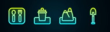 Çatal ve kaşık, çöp tenekesi, dağlar ve kürek. Parlayan neon ikonu. Vektör