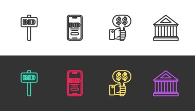 Line Hand açık arttırma raketi, online ve müze binasını siyah beyaz üzerine kurun. Vektör