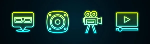 设置线3D电影眼镜 立体声扬声器 复古相机和在线播放视频 发光的霓虹灯图标 — 图库矢量图片