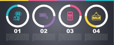 Line Hand 'in açık arttırma raketini ayarla, Teklif, Online ve Price etiket with Sale. Ticari bilgi şablonu. Vektör