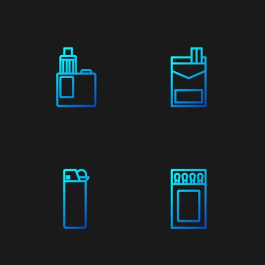 Satır kibrit kutusu ve kibrit kutusu, Çakmak, Vape mod cihazı ve sigara paketi ayarla. Renk simgeleri. Vektör