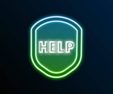 Glowing neon line Shield with text Help icon isolated on black background. Guard sign. Security, safety, protection, privacy concept. Colorful outline concept. Vector