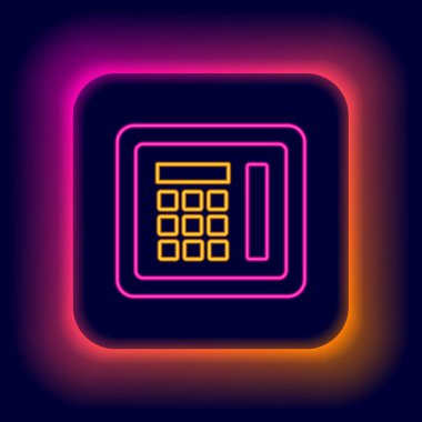 Parlayan neon hattı siyah arkaplanda güvenli simge. Kapı, şifreli bir banka kasası. Güvenilir Veri Koruma. Renkli taslak konsepti. Vektör