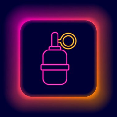 Parlayan neon hattı El bombası ikonu siyah arka planda izole edildi. Bomba patlaması. Renkli taslak konsepti. Vektör