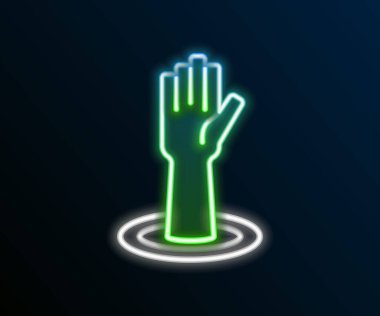 Parlayan neon hattı siyah arkaplanda el simgesine yardımcı oluyor. Renkli taslak konsepti. Vektör