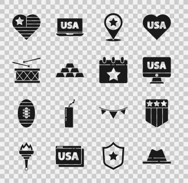 Kurdeleli Man şapkası, Kalkan yıldızları, ABD monitörü, Bağımsızlık Günü, Altın külçeler, Davul ve bagetler, ve Takvim tarihi 4 Temmuz ikonu. Vektör