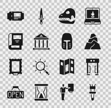 Meşale alevi, metal dedektörü, kaya taşları, dinozor kafatası, müze binası, tarih kitabı, bilet ve ortaçağ demir başlık ikonu. Vektör