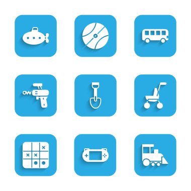 Kürek oyuncağı, taşınabilir video oyun konsolu, oyuncak tren, bebek arabası, Tic tac toe, Ray gun, otobüs ve denizaltı ikonu. Vektör