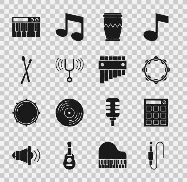 Ses kumandası, davul makinesi, tef, müzikal diyapazon, çubuk, sentezleyici ve Pan flüt ikonu. Vektör