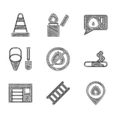 Yangın yok, yangın çıkışı, alevli yer, sigara, istasyon binası, kürek ve kova, telefon 911 'i ve trafik konisi ikonunu arayın. Vektör