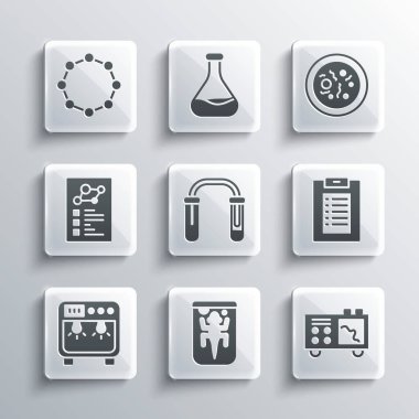 Deneysel hayvan, spektrometre, klinik kayıt, deney tüpü ve matara, biyo-sosyal kutu, kimyasal formül ve bakteri ikonlu Petri kabı. Vektör