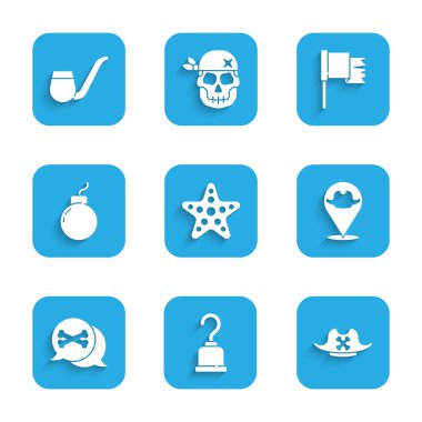 Denizyıldızı, Korsan kancası, şapka, yer korsanı, patlamaya hazır bomba, bayrak ve tüten pipo ikonu. Vektör