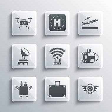 Bavul, Havacılık amblemi, jet motoru türbini, Router ve wi-fi sinyali, yiyecek için Trolley, Radar, İHA uçuşu ve uçak kalkış ikonu ayarlayın. Vektör