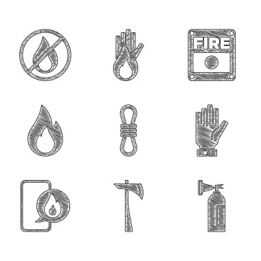 Tırmanış halatı, itfaiyeci baltası, yangın söndürücü, eldivenler, 911 'i arayan telefon, yangın, alarm sistemi ve yangın ikonu yok. Vektör