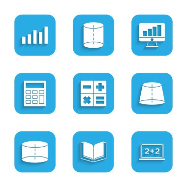 Hesap makinesini, Açık Defteri, Karton Tahtayı, Geometrik Şekil, Silindir, Grafik grafiği, çizelgesi, çizelgesi, diyagramı simgesi olan bilgisayar monitörünü ayarla. Vektör