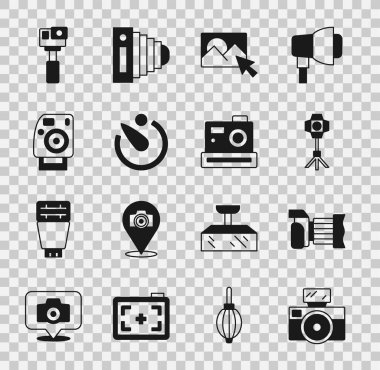 Fotoğraf makinesini flaş, Softbox ışığı, rötuşlama, kamera zamanlayıcısı, aksiyon ve simge ile ayarla. Vektör