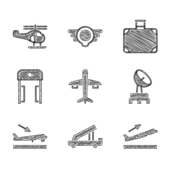 Set Avión Escalera Pasajeros Despegue Radar Aterrizaje Detector Metales Aeropuerto — Archivo Imágenes Vectoriales