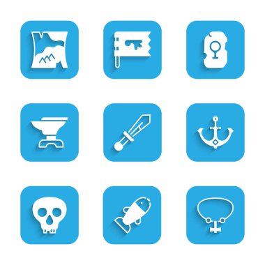 Ortaçağ kılıcı, Balık, Kolye, Mücevher, Çapa, Kafatası, Demircilik için Örs, Sihirli mühür ve Katlanmış Harita simgesi. Vektör