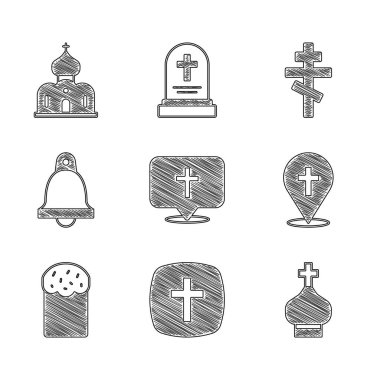 Konum kilisesi binası, Hıristiyan haçı, kule, Paskalya pastası, kilise çanı ve ikon. Vektör