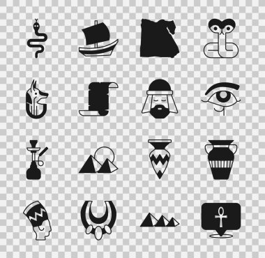 Haç Ankh, Mısır vazosu, Horus 'un Gözü, Harita, Papirüs parşömeni, Anubis, Yılan ve insan simgesi. Vektör