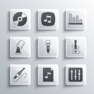MP3 dosya belgesi, ses karıştırıcı denetleyici, elektro bas gitar, mikrofon, ses kriko, vinil disk ve müzik eşitleyici simgesi ayarla. Vektör